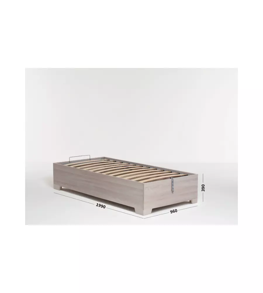 Letto singolo 'bed box' olmo naturale con rete, contenitore e piedini 90x190 cm